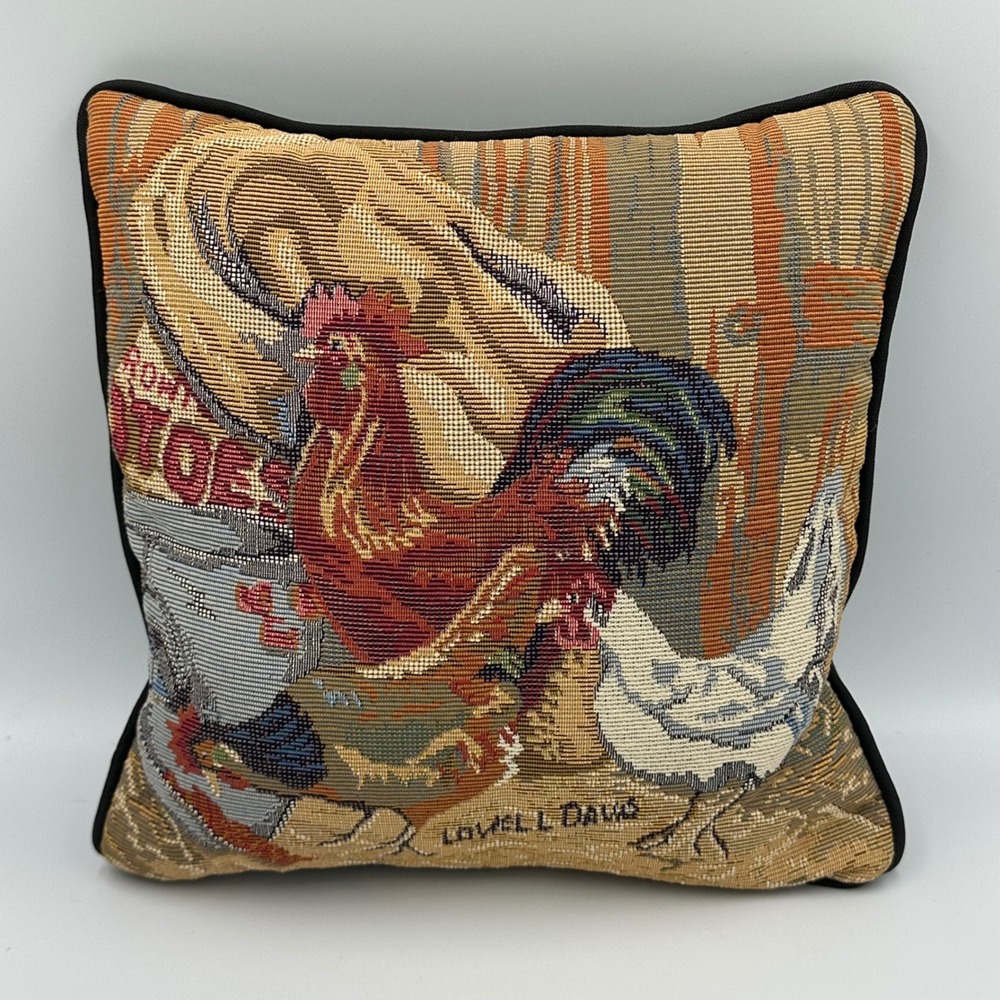 VTG Lovell L. Davis‎ Rooster Tapestry Throw Pillow 12" Farmhouse Country Decor